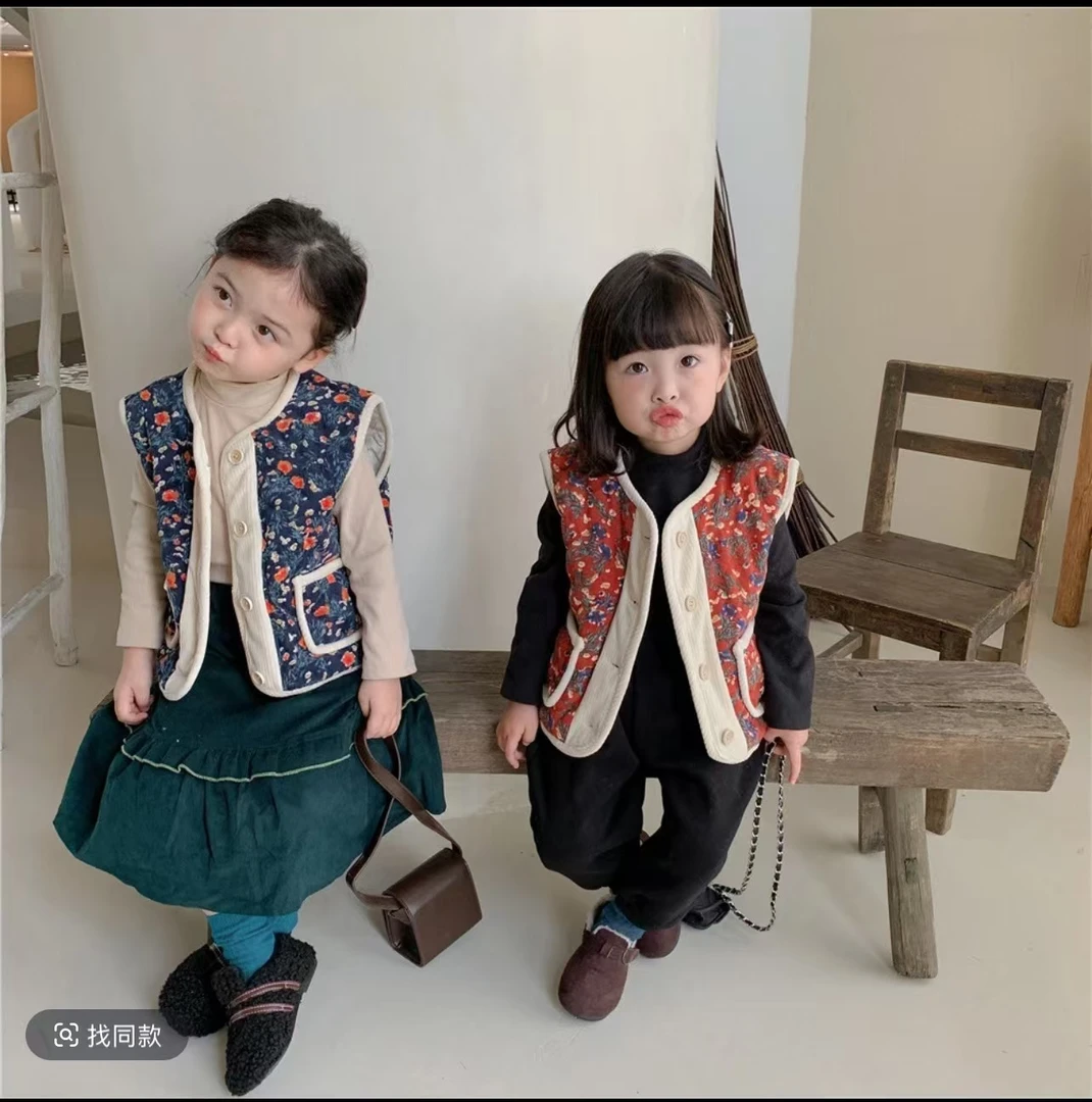 女童冬装韩版碎花马甲儿童洋气外套小童宝宝冬季夹棉加厚外穿背心