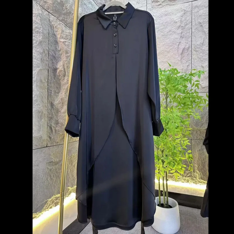 201/新款假两件翻领休闲时尚韩版中长款大码女装连衣裙简约百搭