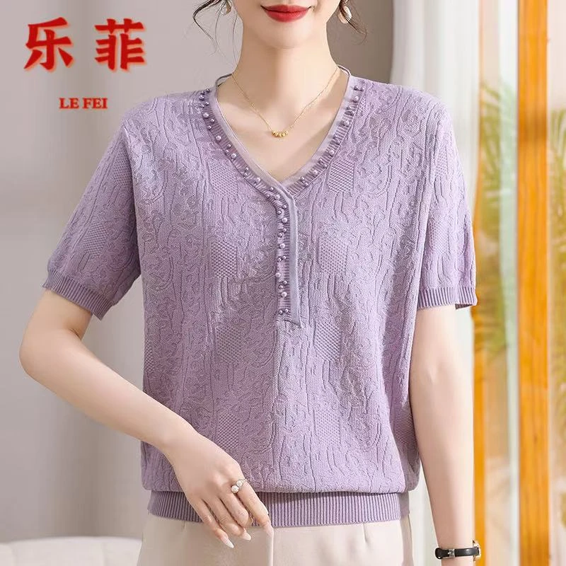 母亲节新款2025夏季薄款时尚中年针织打底衫妈妈装洋气短袖小衫