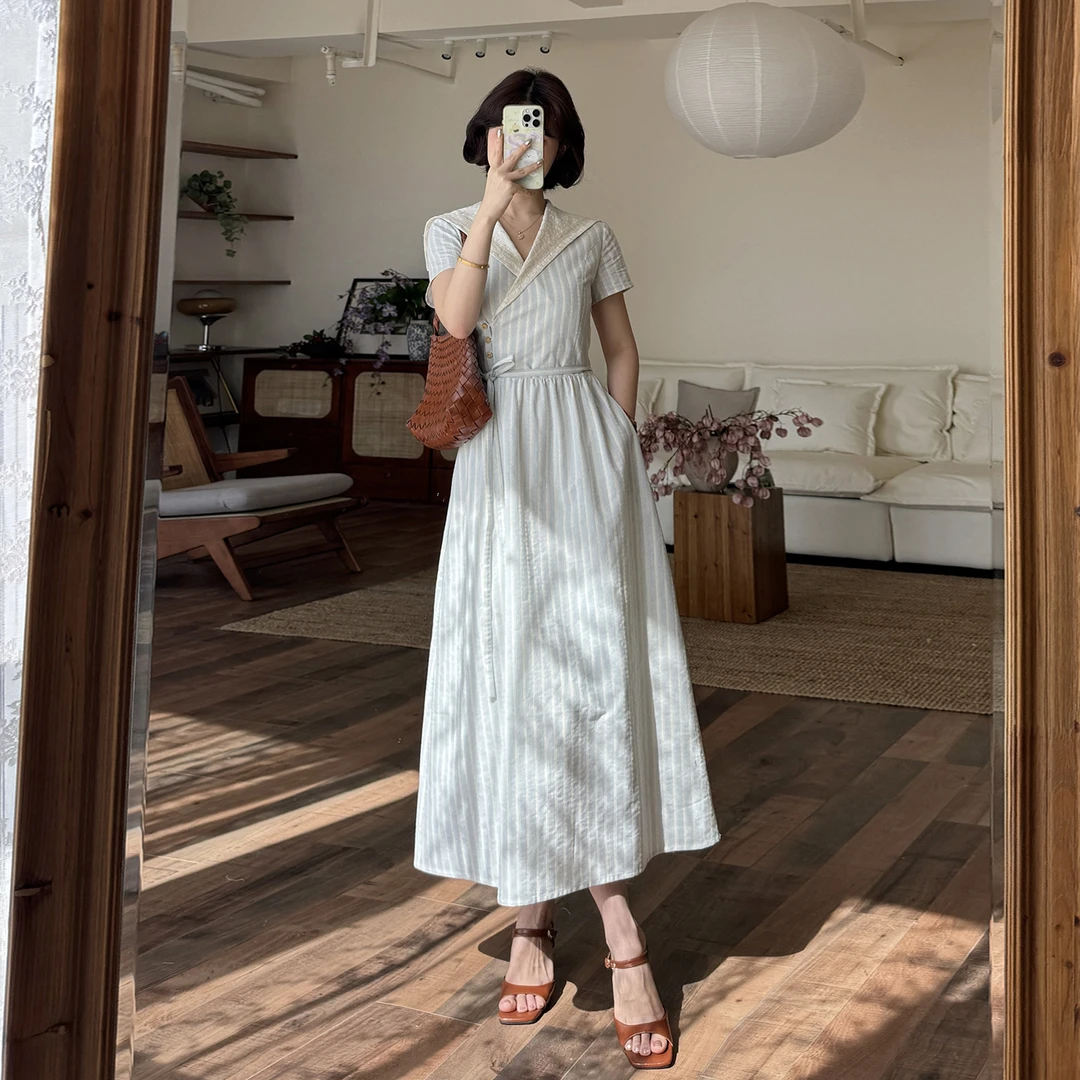 法式蓝色条纹海军领连衣裙夏季2025新款海边度假气质收腰长5508