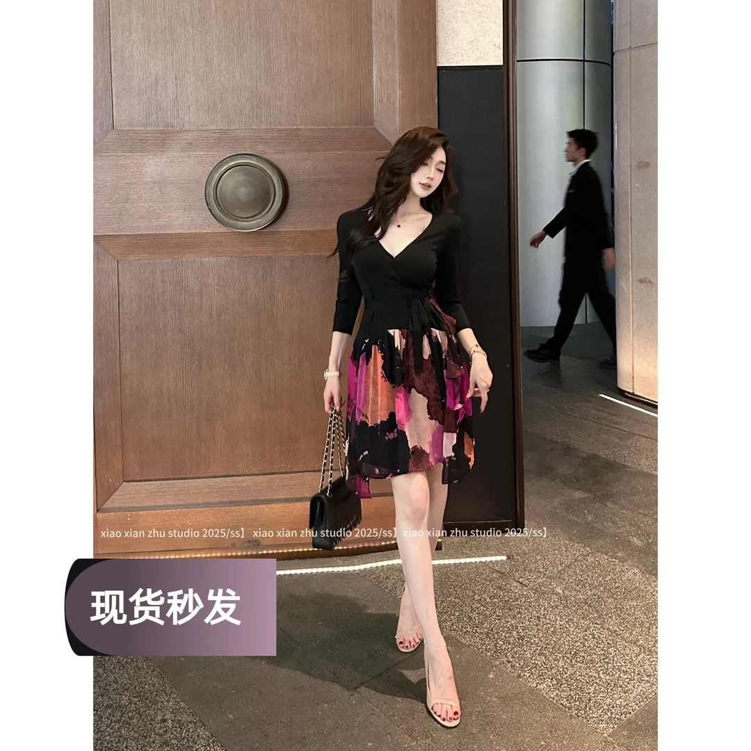 XXZHU【水墨涟漪】绝版中古贵妇感拼接撞色裹身裙连衣裙ZZ-838