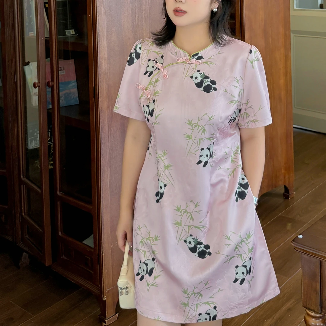 2025夏季新款新中式国风大码女装改良旗袍短袖上衣高腰短裤两件套