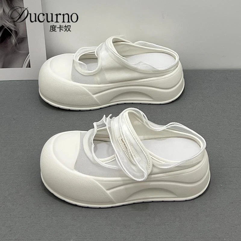 网面透气包头半拖鞋女外穿2025夏季新款懒人一脚蹬增高厚底小白鞋