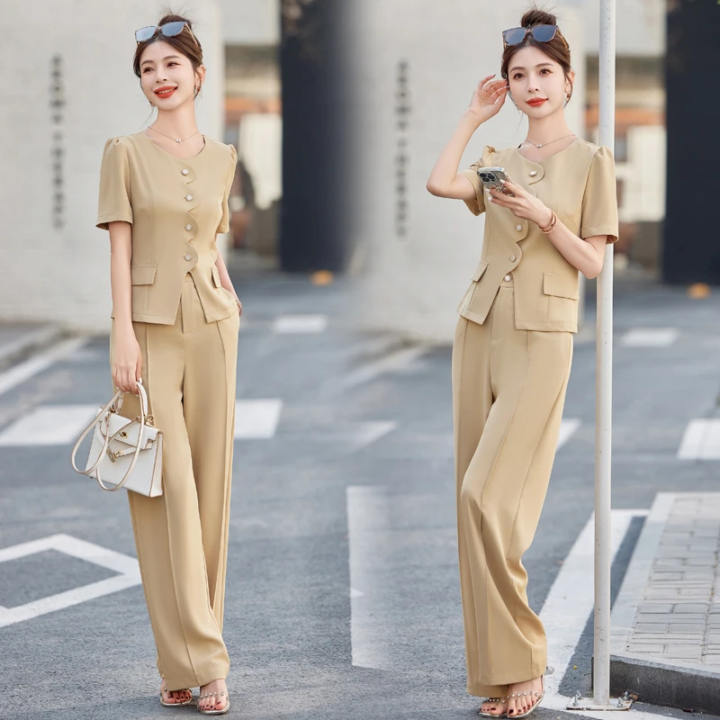夏季新款气质女神范两件套西装套装女韩版显瘦阔腿裤职业装时尚