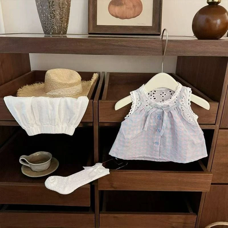 芭蕾女孩!女宝甜美假两件格子公主上衣短裤洋气套装女童夏装潮