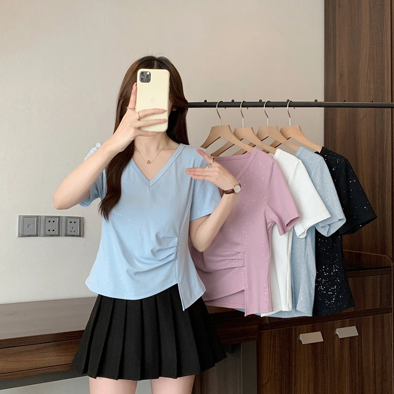 Q2025夏装新款胖mm大码女设计感V领不规则修身显瘦短袖T恤A1429