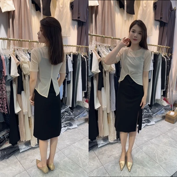 小雪家时尚套装夏季裙子气质上衣吊带裙洋气中长款两件套套裙2080