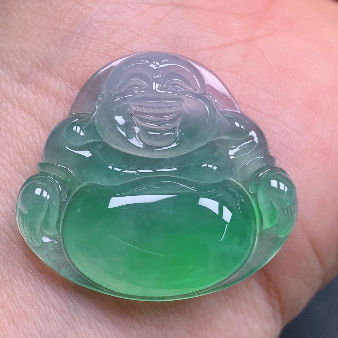 天然缅甸翡翠A货高冰飘花佛公气质精美尺寸29.3*32.5*6.3 24