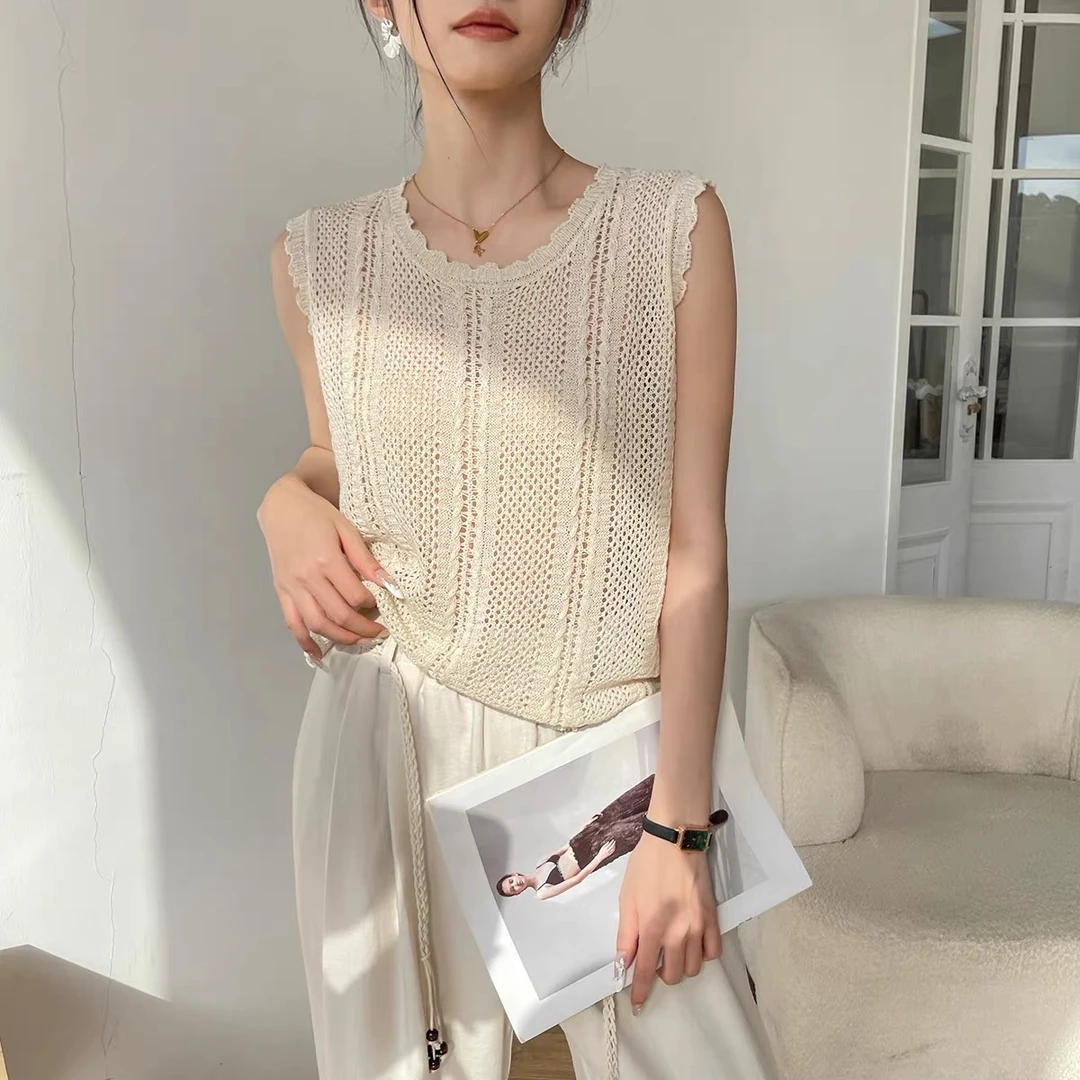 2025小个子背心夏季新款小衫镂空圆领无袖针织衫女薄款短款上衣