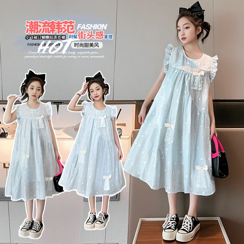 女童夏季飞袖连衣裙2025新款儿童夏季长裙中大童女孩甜美休闲裙子