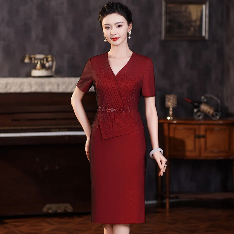 2024夏装新款气质时尚宴会连衣裙手工钉钻假两件遮肚礼服妈妈女装