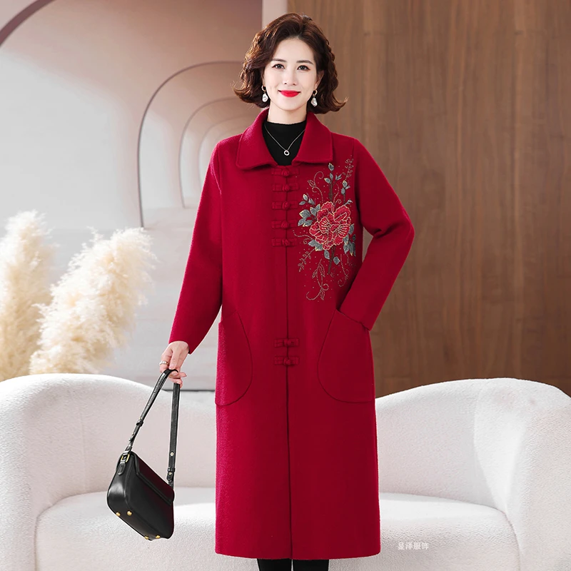 恒源祥集团彩羊妈妈秋冬婚宴装双面毛呢外套中老年女加肥加大大衣
