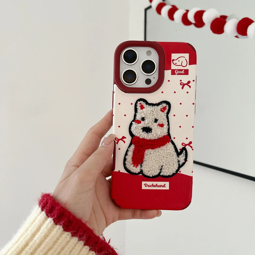 皮纹刺绣可爱西高地手机壳适用iPhone16promax苹果15/12/14防摔16