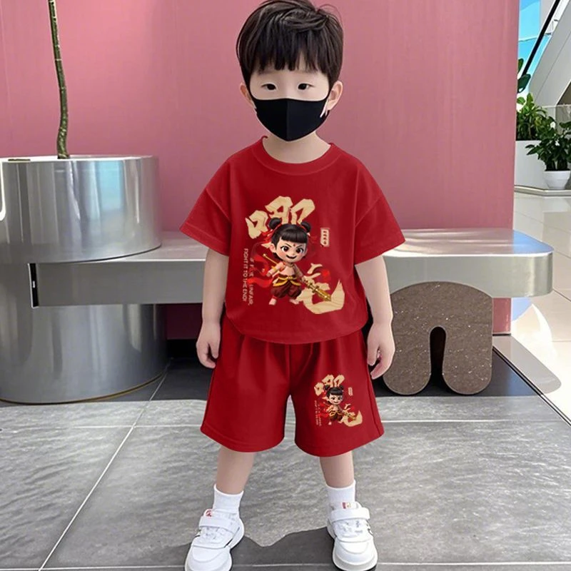 男童纯棉短袖裤哪吒女童套装夏季薄款T恤儿童两件套衣服
