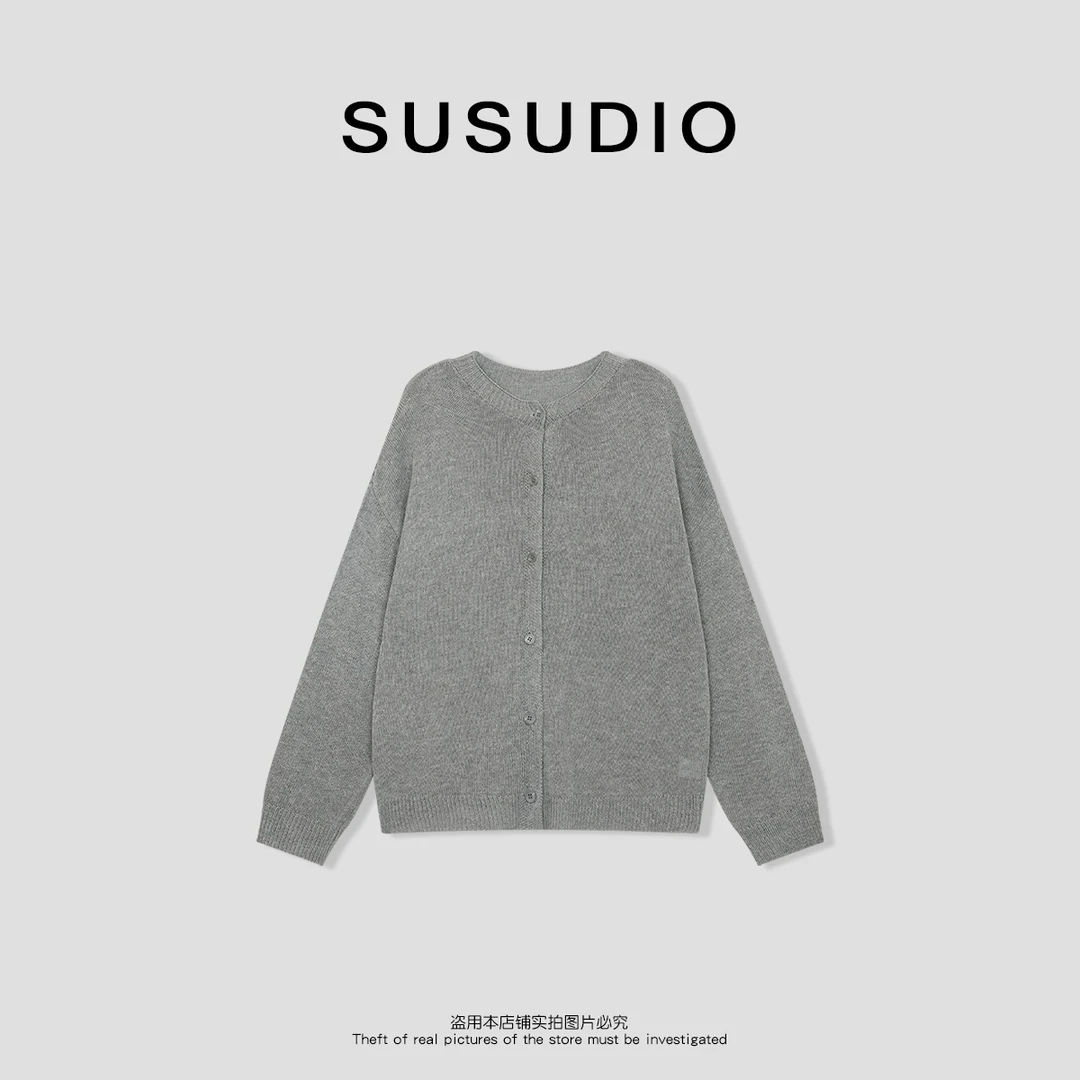 SUSUDIO 亚麻莱赛尔春夏休闲圆领长袖灰色针织衫50083