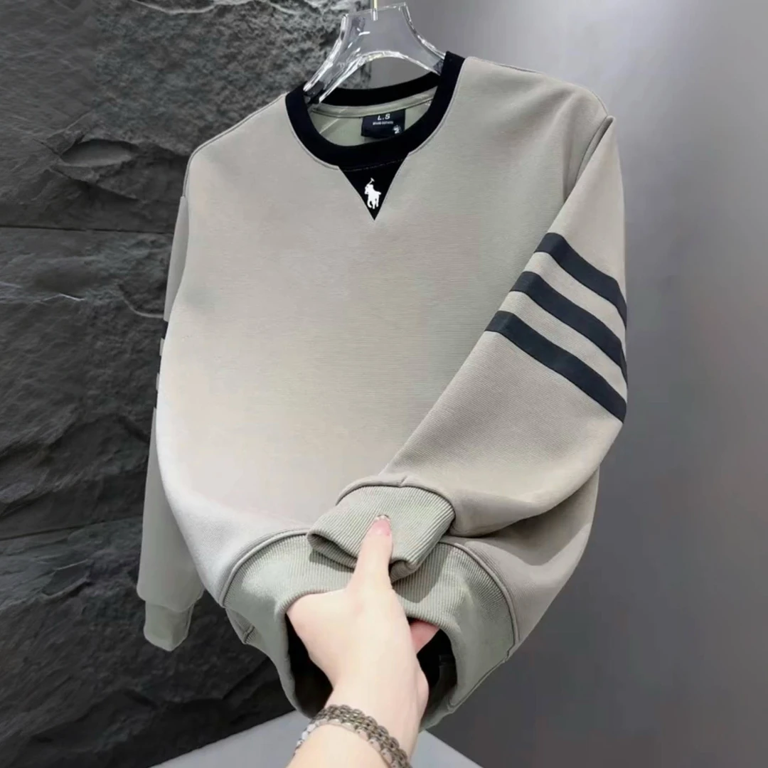 梦泡2025秋冬新款舒适条纹刺绣圆领卫衣男18男款男士加绒开衫卫衣