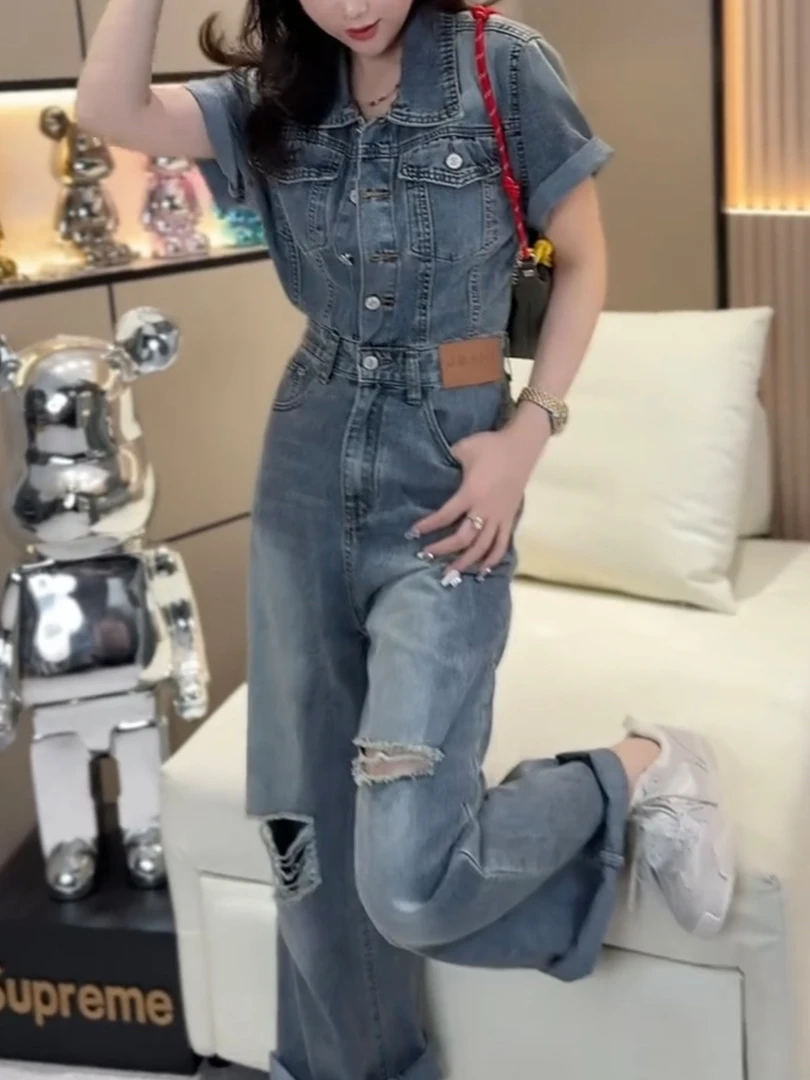 女森说破洞洋气减龄短袖牛仔连体裤女夏季薄款宽松显瘦阔腿裤