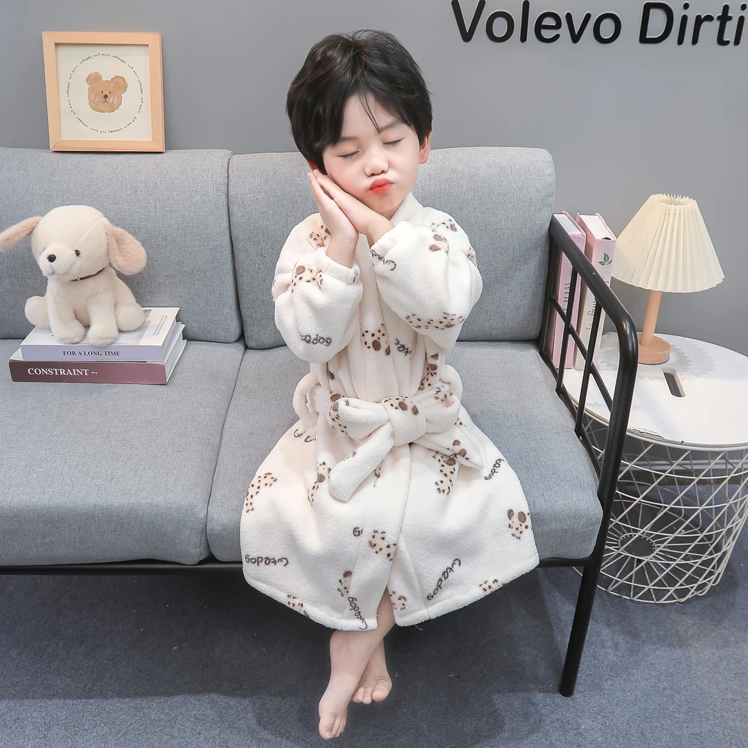 儿童睡袍秋冬季法兰绒男童珊瑚绒加厚可爱小狗宝宝浴袍家居服睡袍