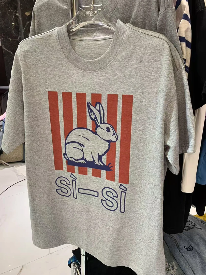 包嫂【W425灰色小兔】2025年新T恤重工百搭春夏季款短袖半袖