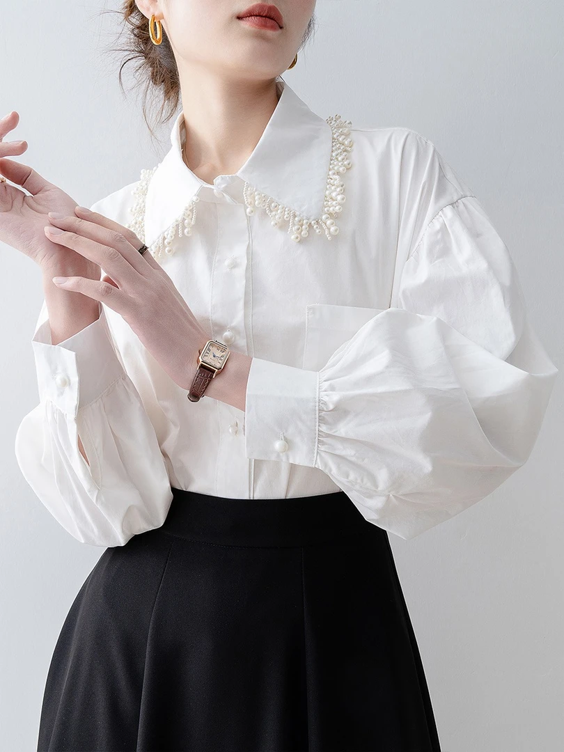 高级感重工钉珠Polo领长袖衬衫女春季2025新款宽松单排扣气质上衣