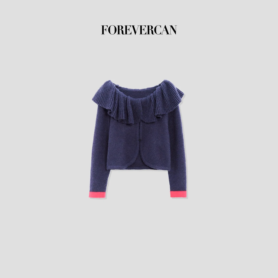 FOREVERCAN“布鲁日”撞色手袖立体荷叶边针织开衫外套 MY4052