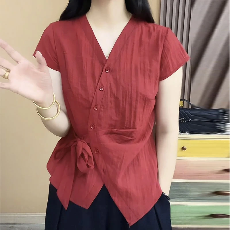 2025夏季新款休闲洋气短袖气质百搭V领显瘦开衫扣上衣小衫T恤女