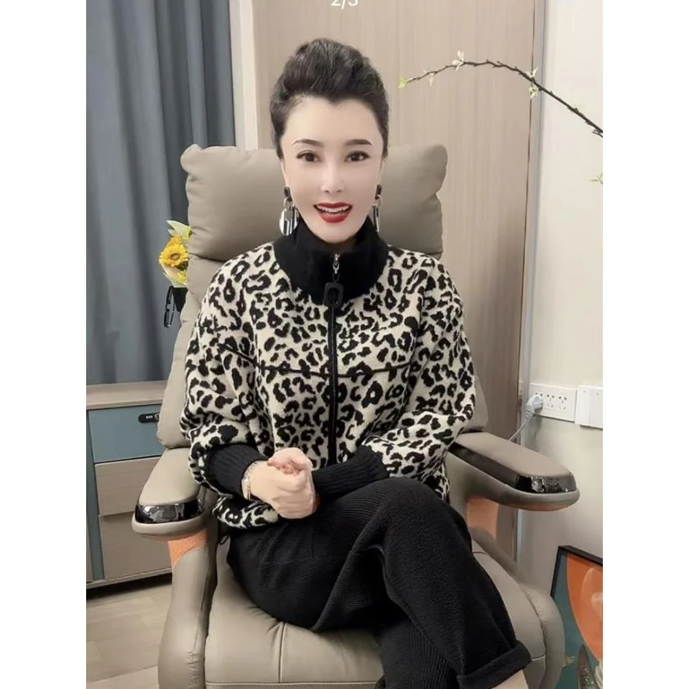 高端新款轻奢立领豹纹休闲百搭拼色豹纹拉链短款双面绒针织女外套