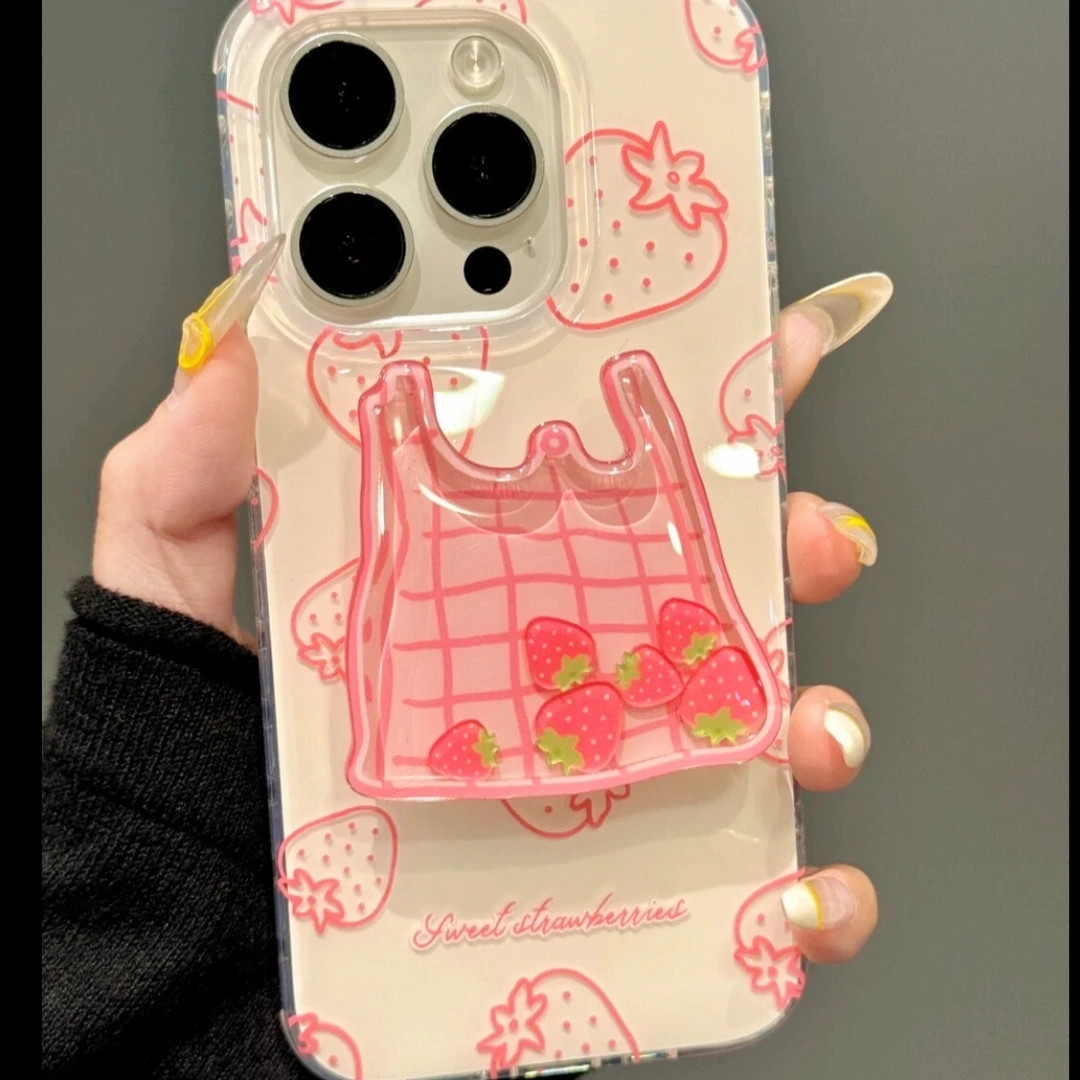 粉线条草莓适用于苹果13/15/16promax女壳VIVO华为OPPO小米15女壳
