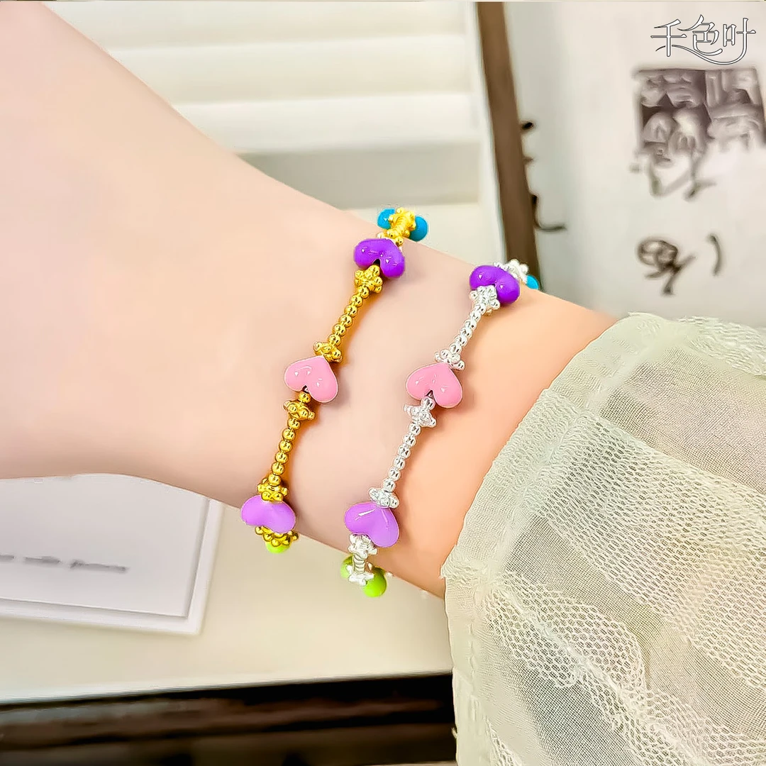 足银手链 足银999电镀金色新款小众感彩虹屁桃手链
