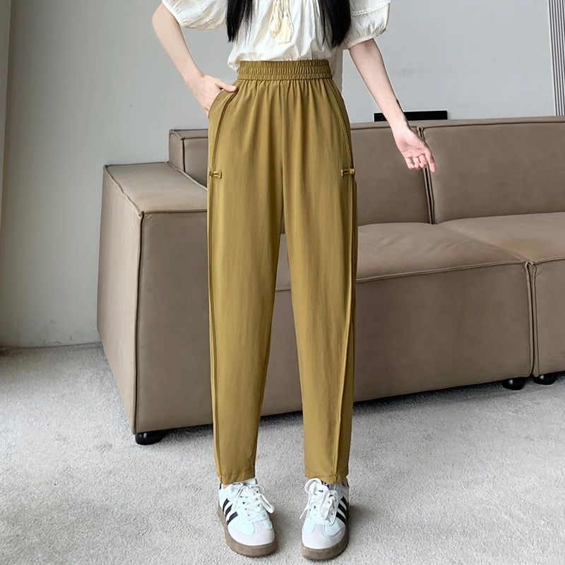 时尚小个子哈伦裤女夏季2025新款松紧高腰显瘦百搭休闲萝卜裤子薄