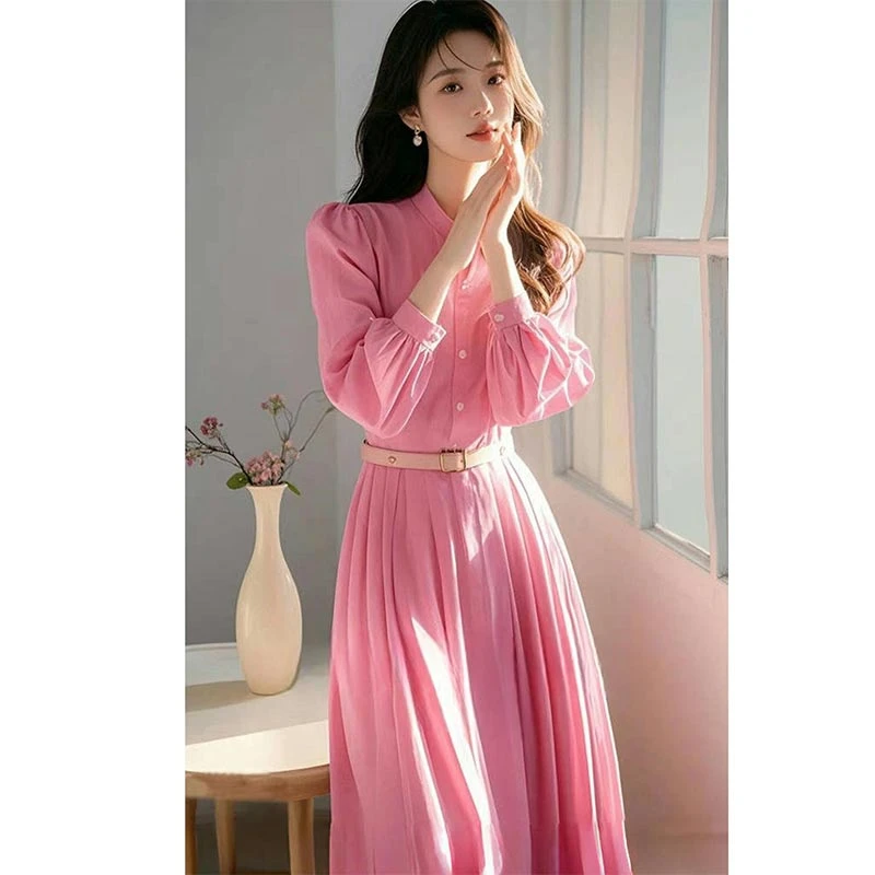 2025春秋法式百褶长裙显白粉色衬衫连衣裙高腰设计感显瘦气质裙子