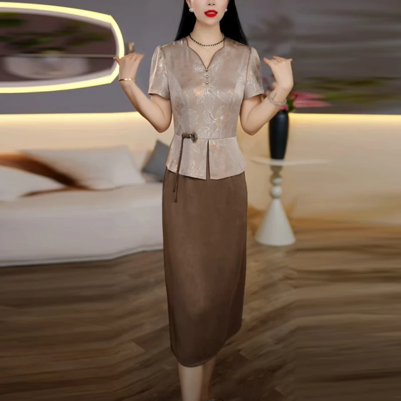 提花缎轻奢名媛衣服2025夏季新款精致优雅端庄贵气假两件连衣裙子