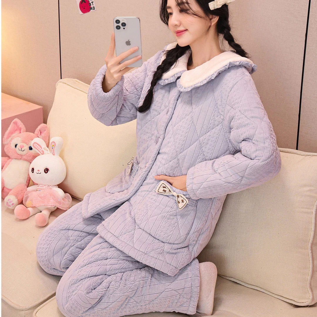501-510年末甩货睡衣女冬季冬款三层加厚加绒夹棉珊瑚绒秋冬家