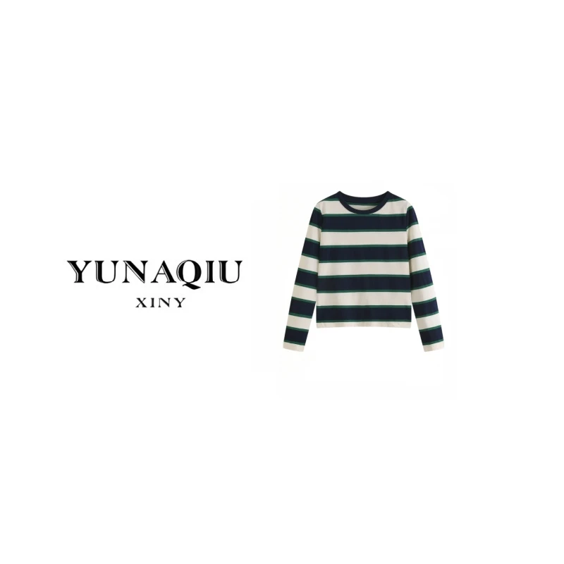 YUNAQIU 时尚条纹圆领领套头撞色T恤-9749
