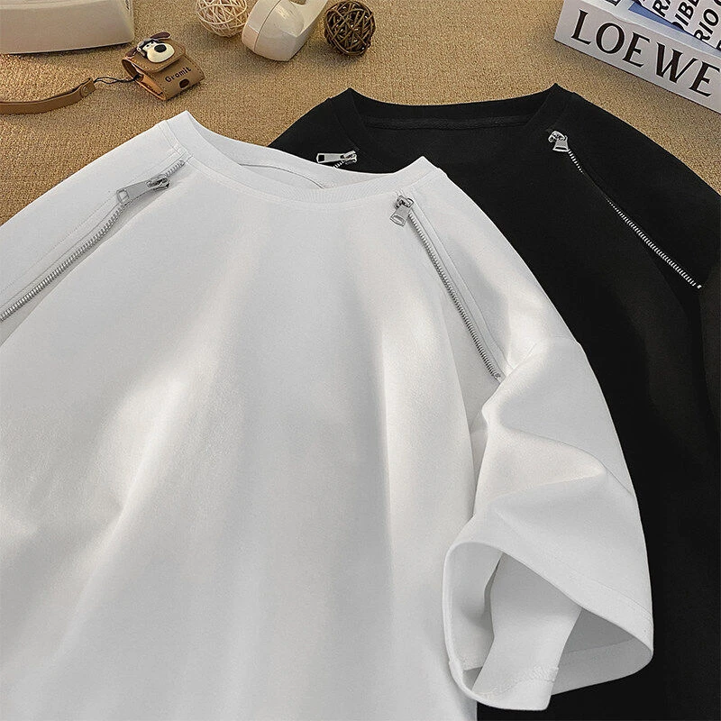 双侧拉链剪裁设计款夏季短袖T恤街头休闲潮流ins纯色男装百搭体恤