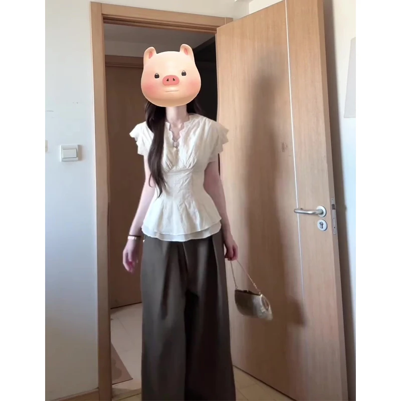 2025夏季新款韩系穿搭设计感修身小飞袖上衣气质高腰显瘦阔腿长裤