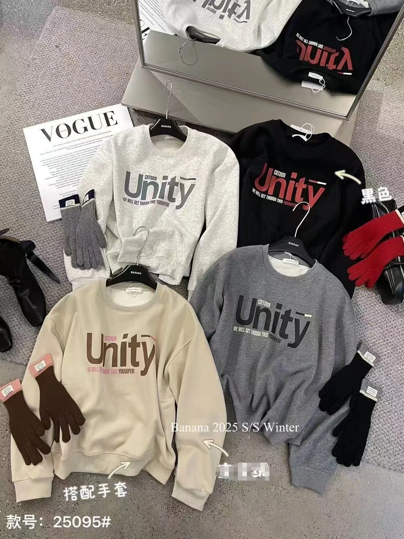 Banana-25095#加绒美式复古印花宽松百搭卫衣【配手套】