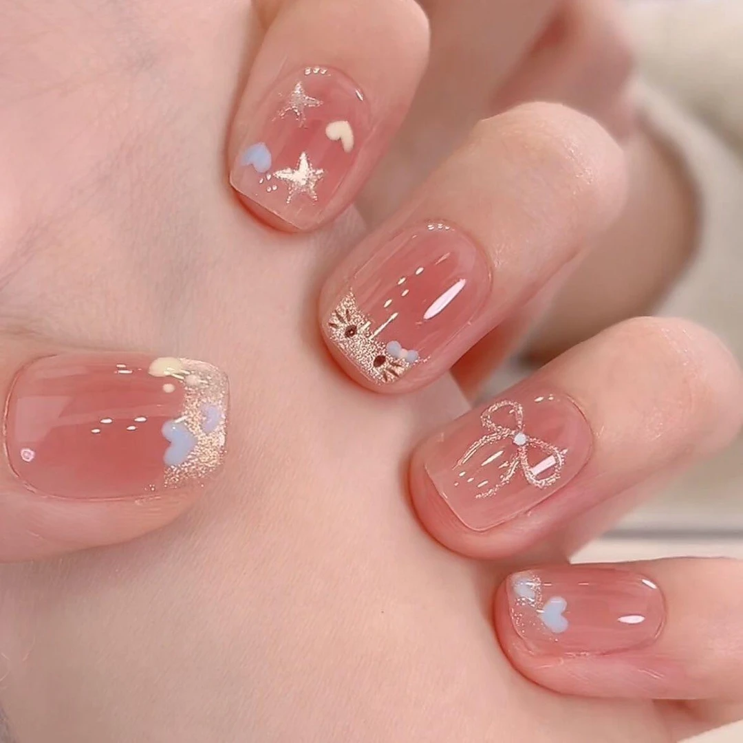 法式猫眼星星美甲可爱显白蝴蝶结爱心穿戴甲KT卡通学生短款气质