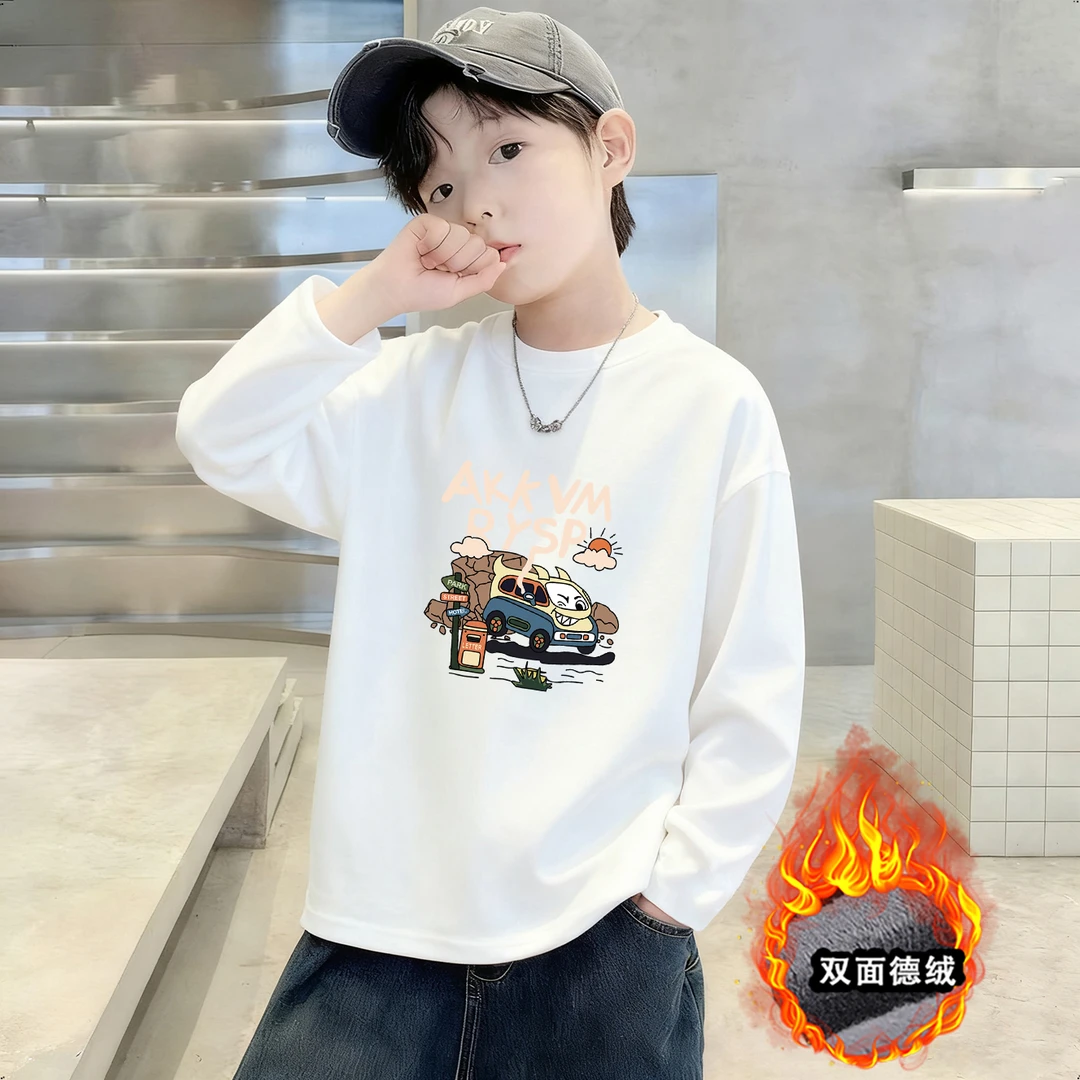 春秋款男童长袖T恤纯棉白色内搭打底衫儿童百搭加绒上衣中大童装