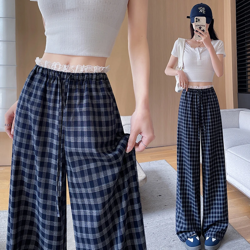 今年流行蕾丝拼接格子裤女夏季韩系高腰显瘦遛弯梧桐裤格纹阔腿裤