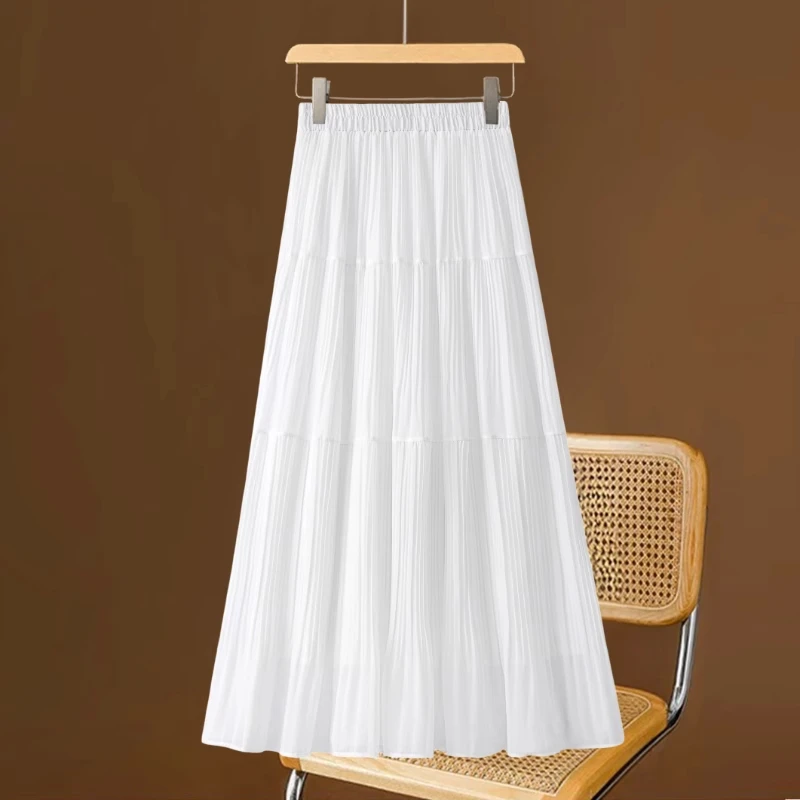 拉夏贝尔白色半身裙女夏季2025新款高腰垂感a字百褶裙雪纺大摆裙