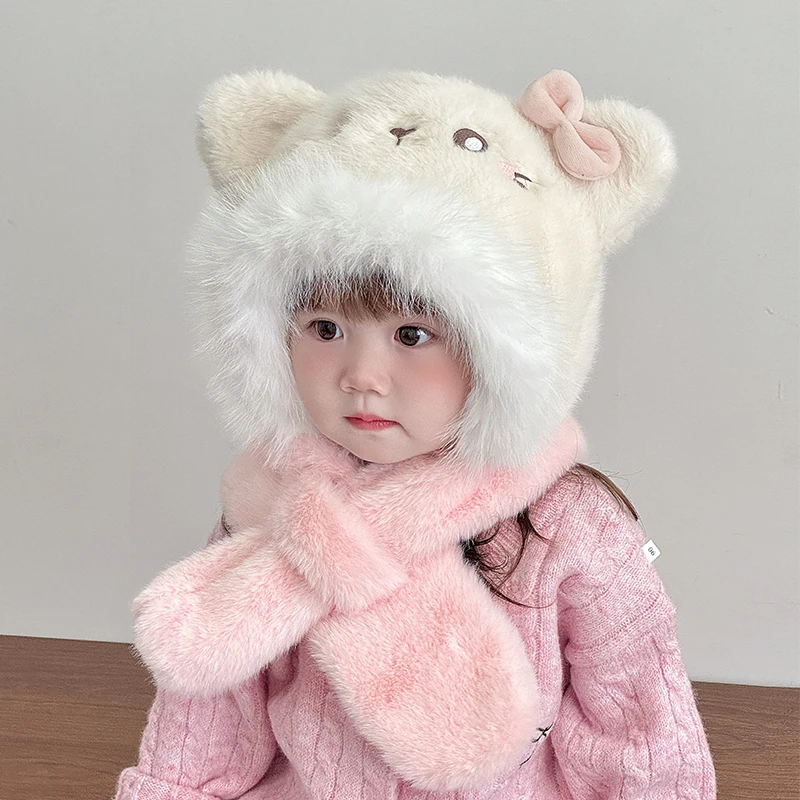 儿童冬季帽子围脖一体帽两件套女孩可爱毛绒男女童宝宝保暖护耳厚