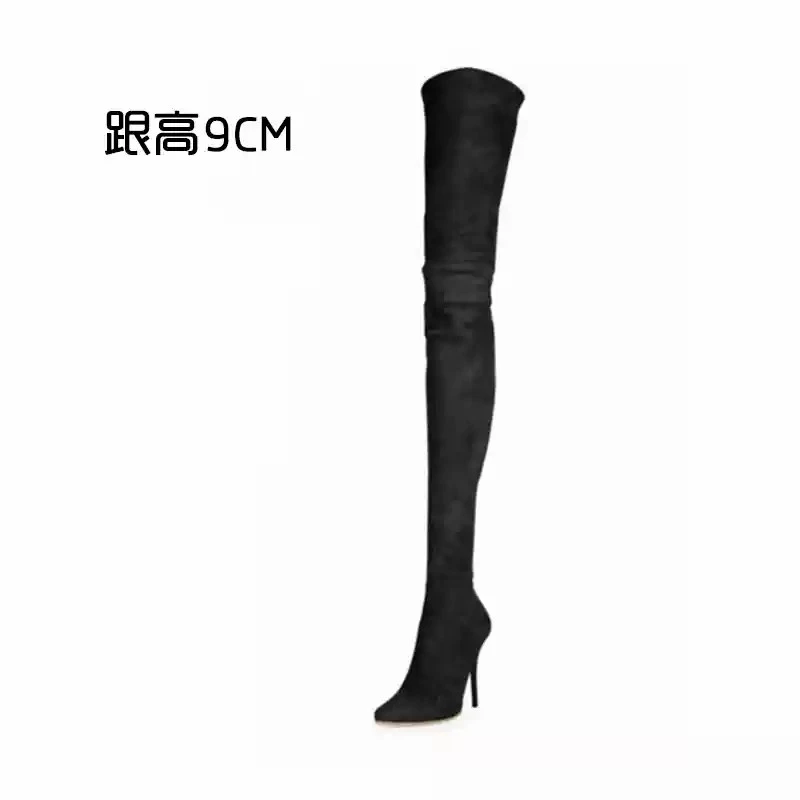 过膝长靴女超长高跟鞋黑色细跟长筒靴尖头靴子瘦瘦靴大腿靴H001