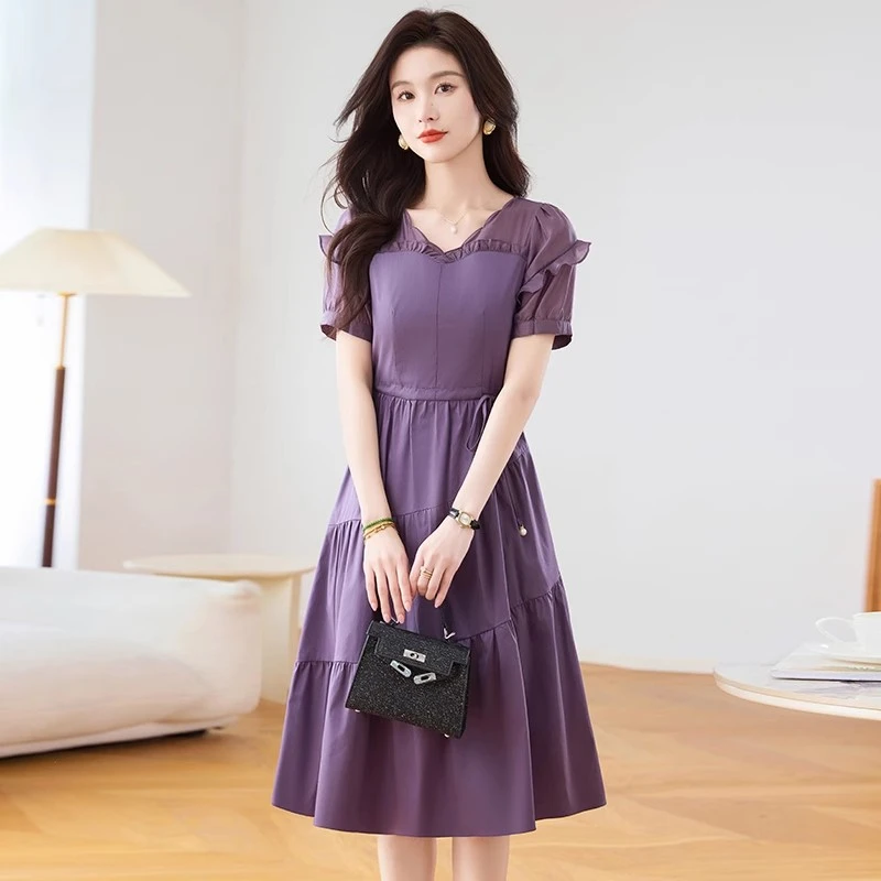 高档洋气雪纺裙子女夏季新款中长款收腰显瘦紫色连衣裙女纱料减龄