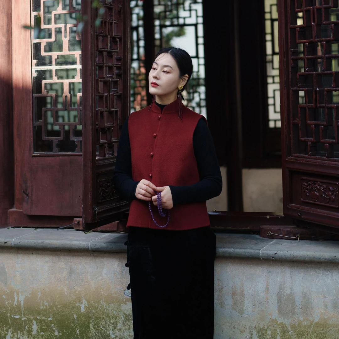 【橙庐】1024271原创新中式羊毛双面呢马甲 无袖马夹气质复古国风女