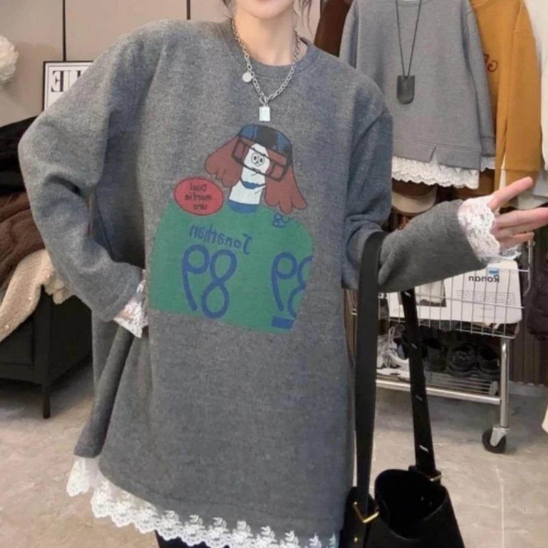 慵懒风中长款内搭打底衫女秋冬2024新款休闲拼接假两件加绒卫衣