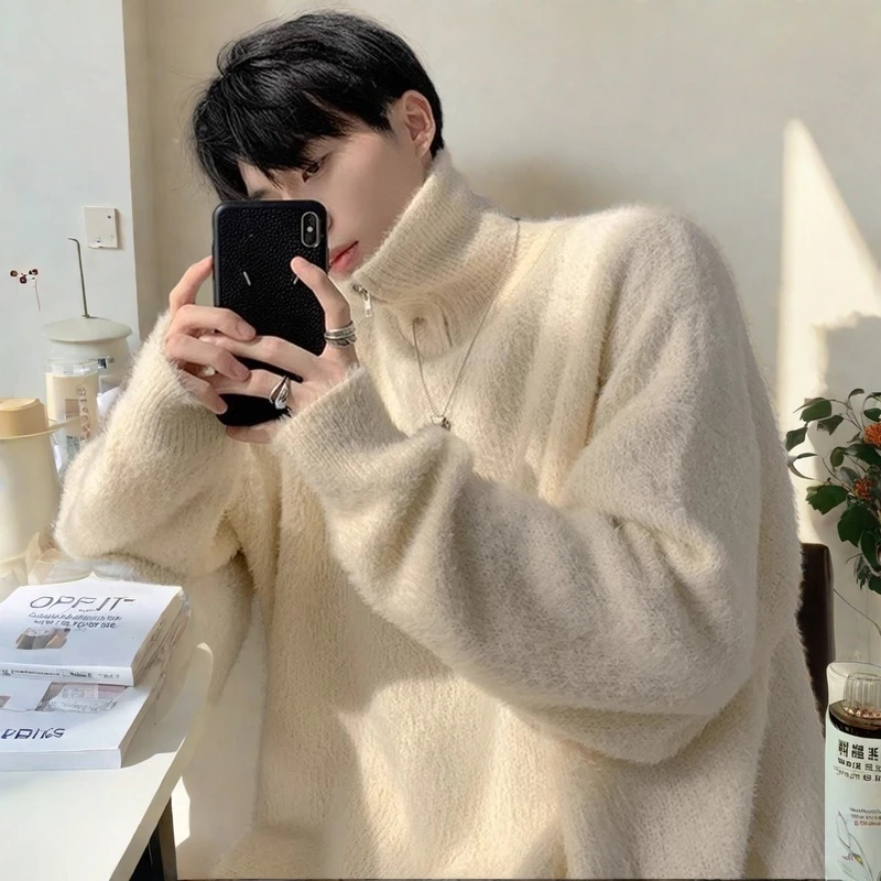 秋冬高领毛衣男半拉链毛绒纯色套头针织衫慵懒风宽松潮流休闲外套