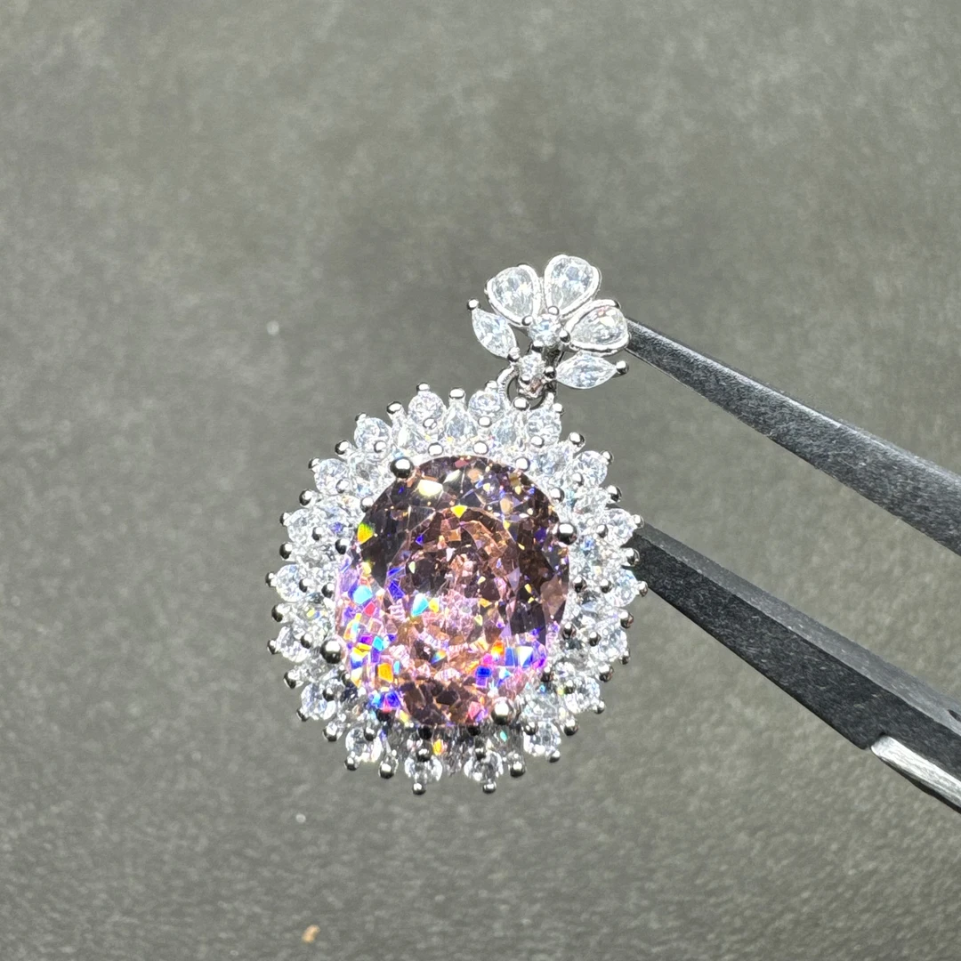 吊坠925银 轻奢  s925银 帕帕拉恰色 10*12豪镶吊坠 056