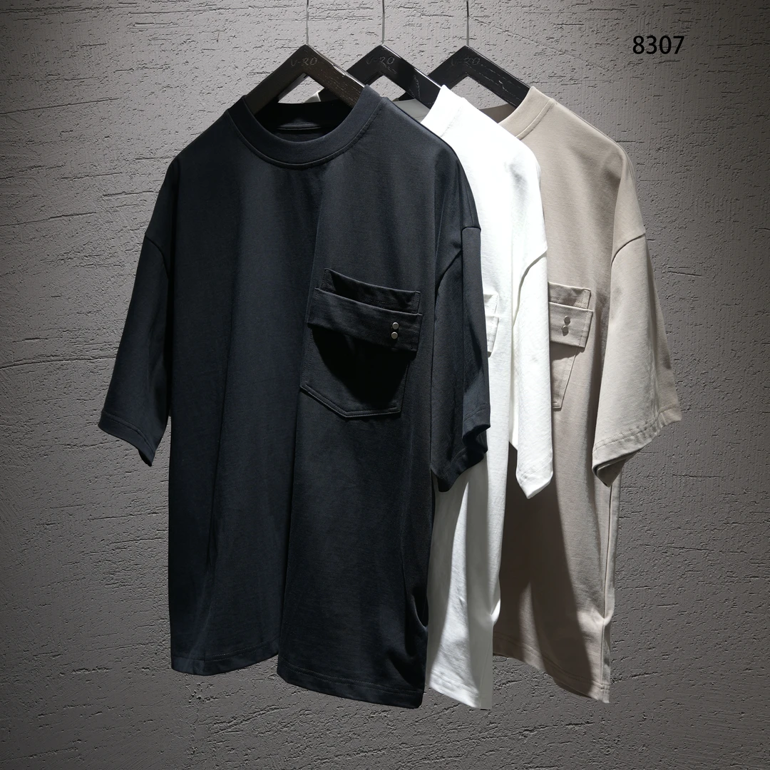 V-RO8307“铆钉支带’350g长绒棉立体服帖·口袋针织短袖