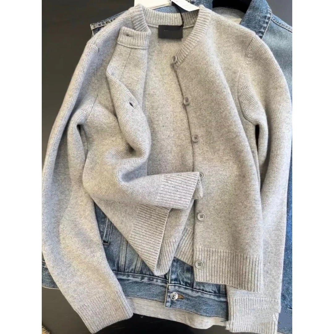 墙裂推荐！秋冬灰色慵懒风毛衣外套女简约百搭圆领好看针织衫上衣